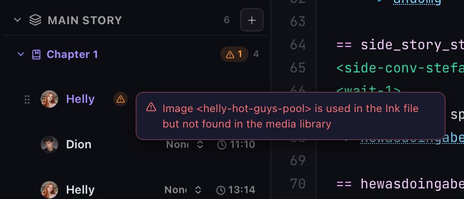 Warnings in the editor, click on the warning to jump to the line in the file